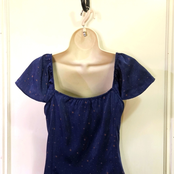 Lark + Grey Navy Blue/Brown Star Print Flutter Sleeve Midi Dress,Large - Picture 10 of 16